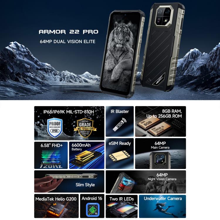 Ulefone Armor 22 Pro IP68/IP69K Rugged Phone, 8GB+128GB, 6.58 inch Android 15 MediaTek Helio G96 Octa Core, Network: 4G, NFC, OTG, 8GB+128GB