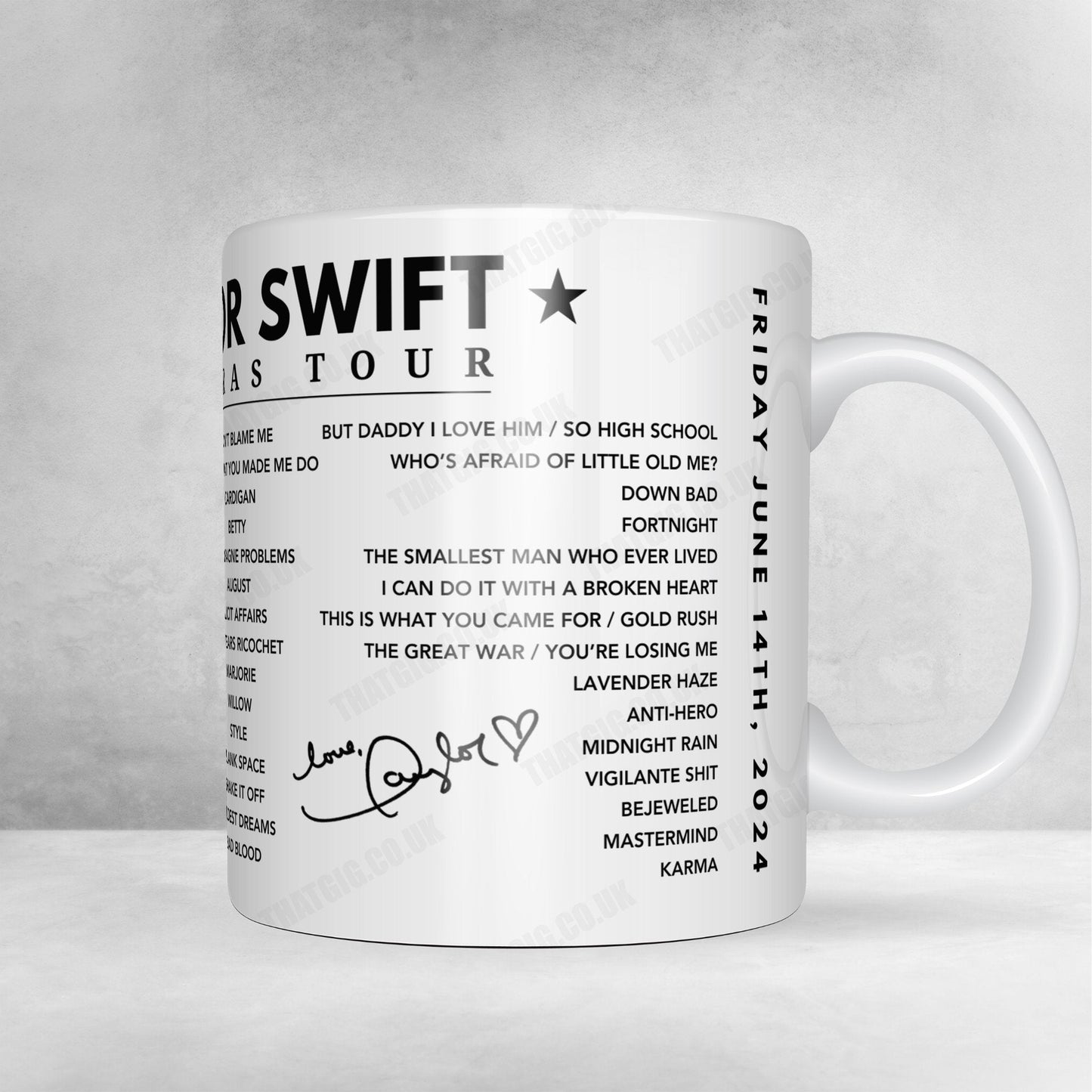 Taylor Swift Setlist Mug - Principality Stadium, Cardiff, Wales - June 18th, 2024
