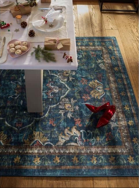 Eco-Washable Blue Rug Vintage Design