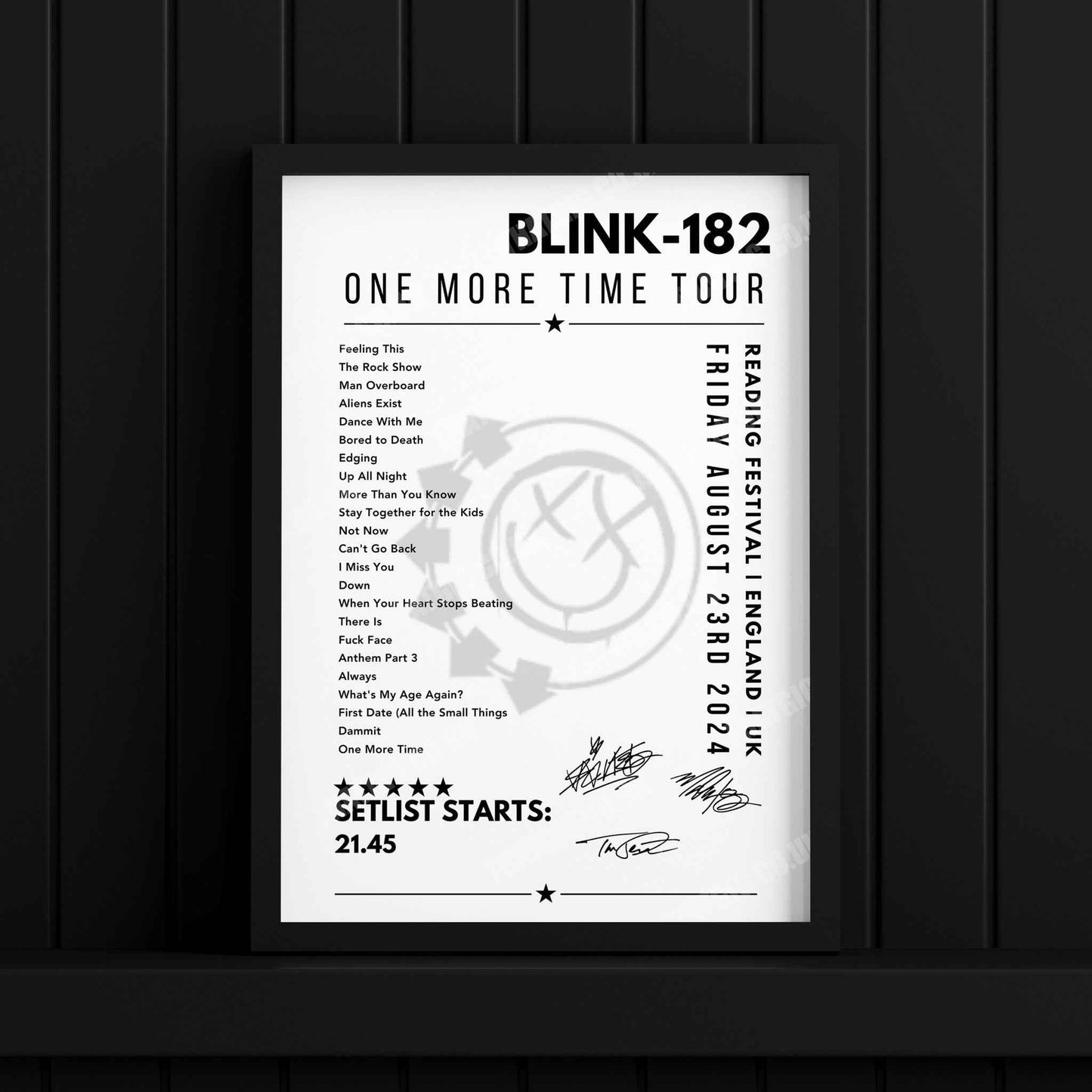 Blink-182 Setlist Poster - Reading Festival, England - 23rd August 2024