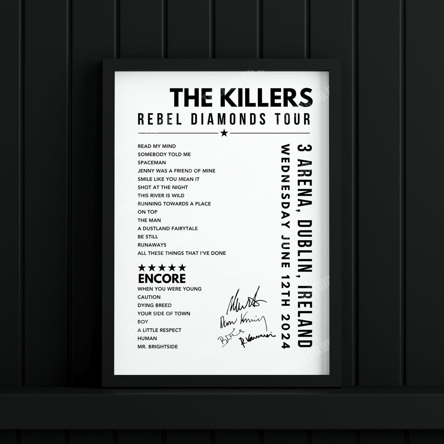 The Killers Setlist Poster - at the 3Arena, Dublin - June 12th, 2024