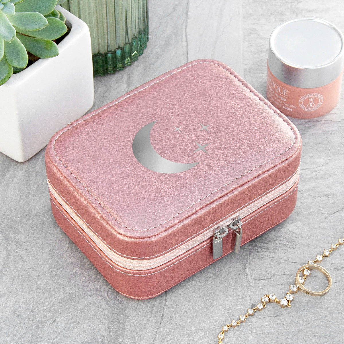 Customisable Pink Metallic Moon and Stars Jewellery Case