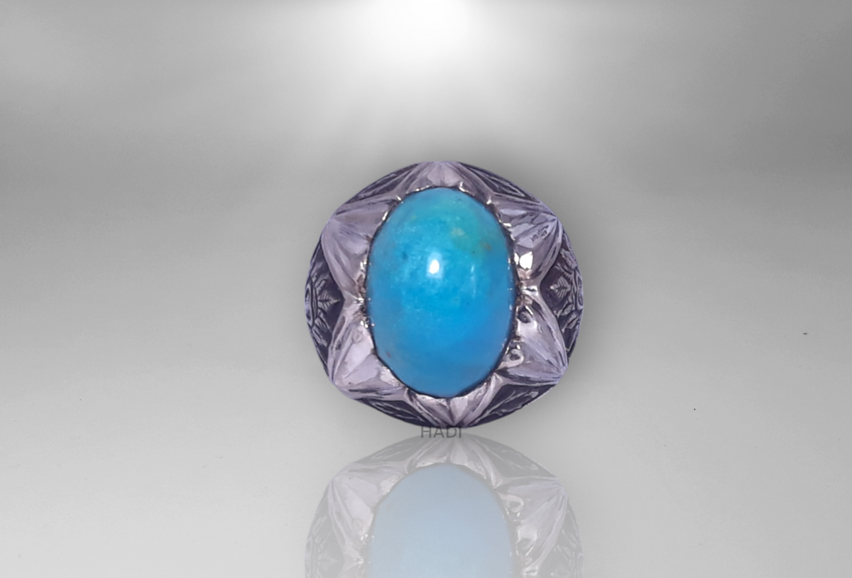 Men Signet Ring - Natural Turquoise aka Feroze Gemstone Engraved Ring Sterling Silver - Perfect Gift for HIM - 14k White-Gold Plated