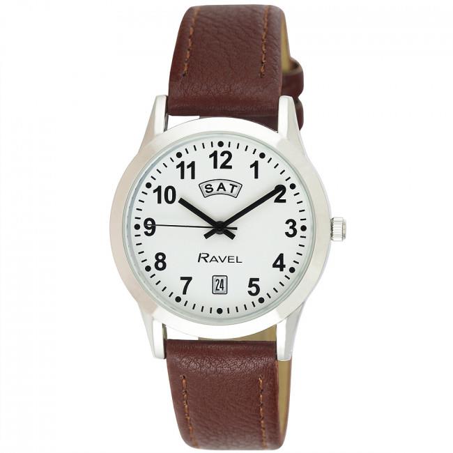 Ravel Ravel Mens Stainless Steel Day/Date Brown Faux Leather Strap Watch R0706.41.1