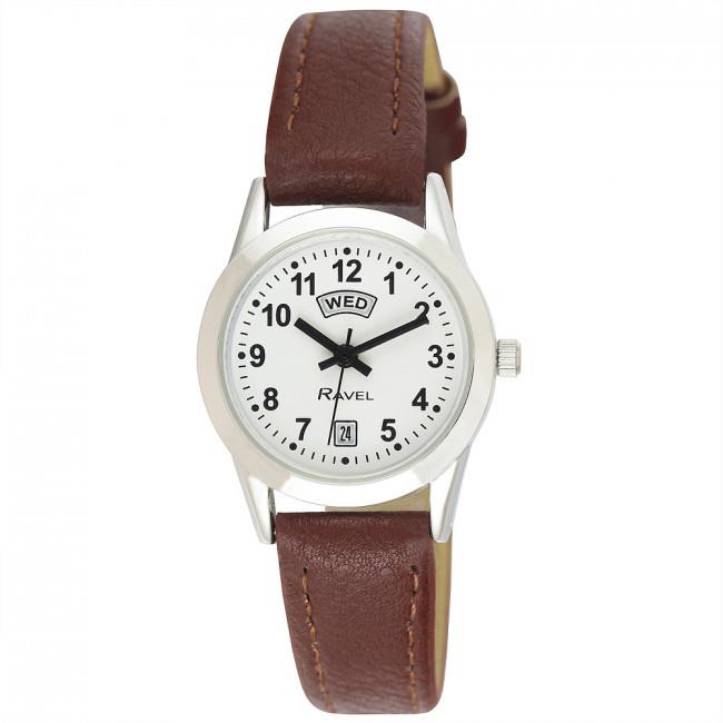 Ravel Ravel Womens Stainless Steel Day/Date Brown Faux Leather Strap Watch R0706.41.2