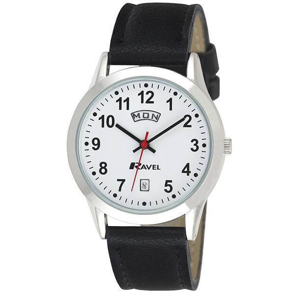 Ravel Ravel Mens Stainless Steel Day/Date Faux Leather Strap Watch R0706.20.1