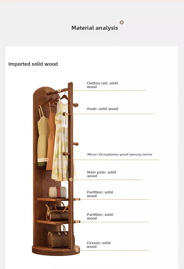 Solid wood hanger bedroom floor coat rack with mirror integrated
