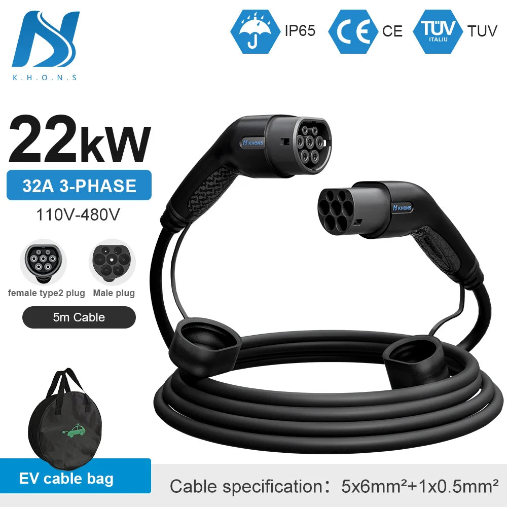 Khons Type2 To Type2 Ev Charging Cable 3Phase 32A Female To Male Plug 5M Cable 22kw IEC62196-2 EVES Charging Stations