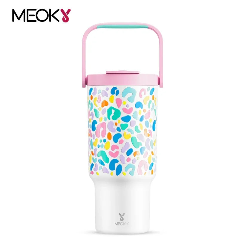 Meoky 32oz Cup Vacuum Tumbler With Lids Portable Stainless Steel Rainbow Leopard Coffee Cup Car Mugs Keeps Cold for 34 Hours