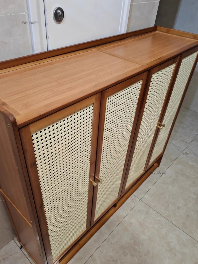 Japanese Bamboo Shoe Rack Indoor Multi-layer Dustproof Shoe Organizers Furniture Imitation Rattan Weave Cabinets for Living Room