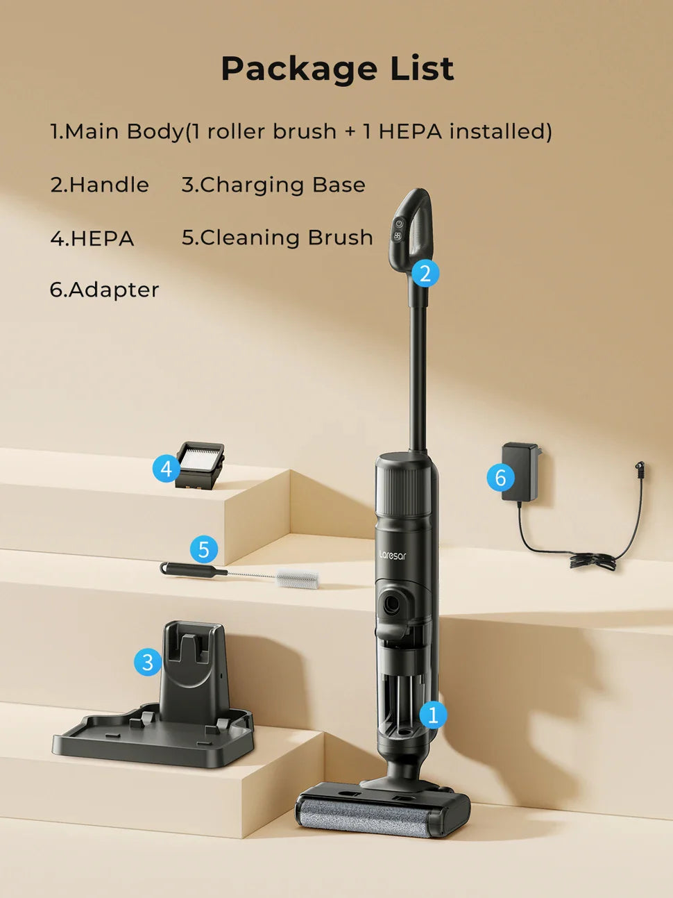 Laresar M3 Cordless Wet Dry Vacuum Cleaner Mop, Edge Cleaning 55min Auto Suction Floor Washer Self-Cleaning Smart Home Appliance