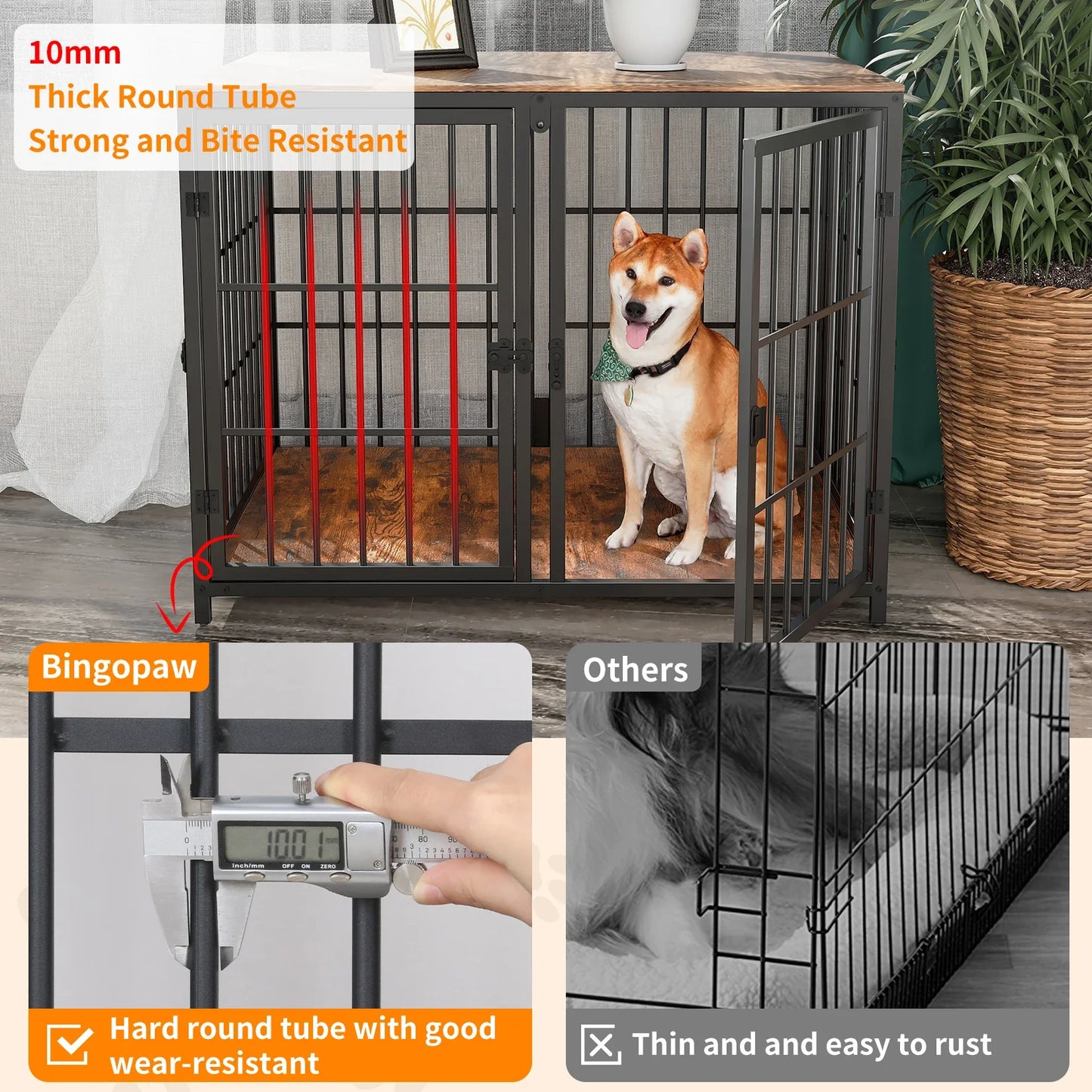 Heavy Duty Dog House End Table Furniture with Four Doors and Lock Latches Divider, Metal Pet Kennel Cage Crate