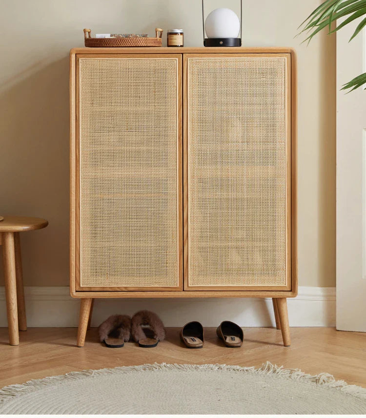 Japanese-Style Solid Wood Double-Door Rattan Shoe Cabinet Imported Oak Simple Modern Bedroom Storage Hall Entrance Cabinet
