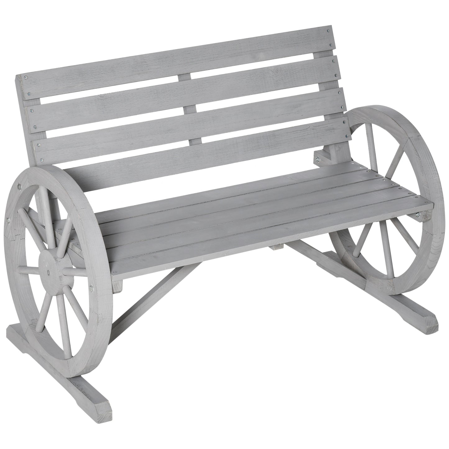Outsunny 2 Seater Bench Armrest Chair & Wooden Cart Wagon Wheel Rustic High Back Grey Charcoal grey 105.5L x 59W x 75H cm