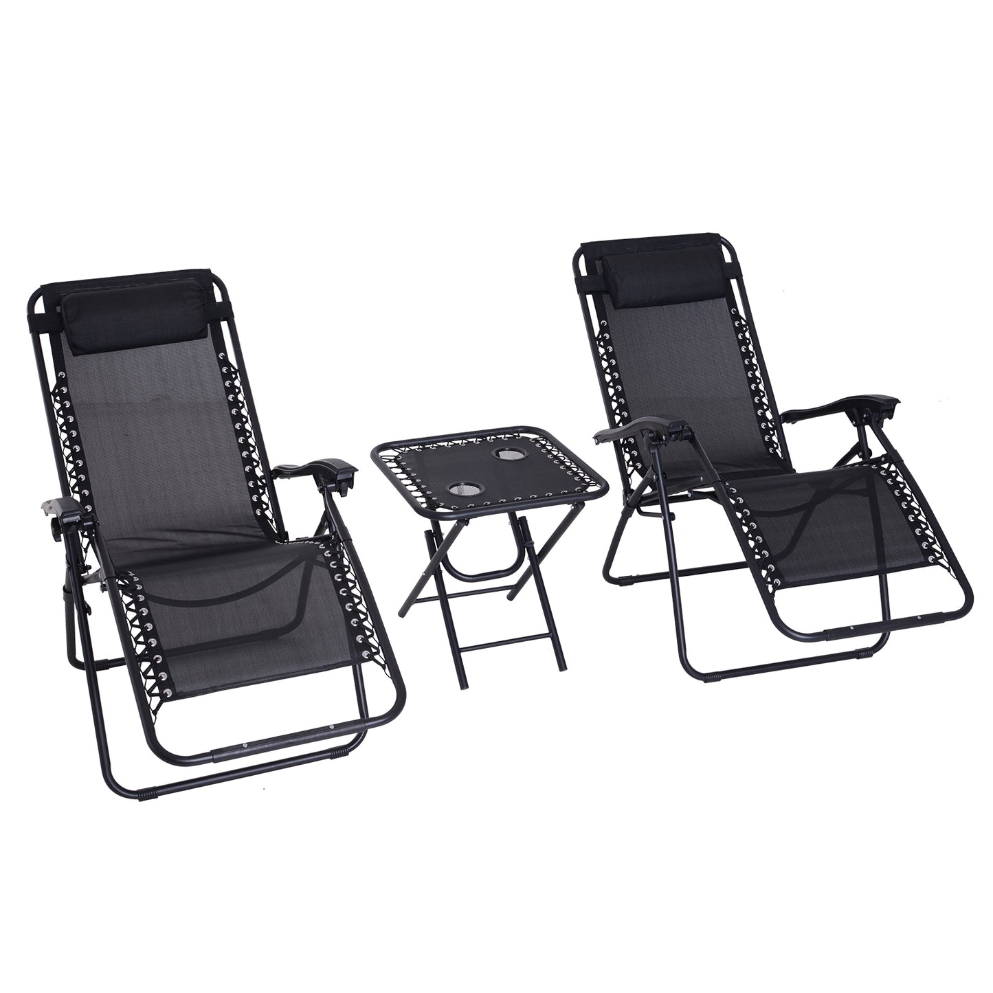 Carousel 3PC Zero Gravity Chairs Sun Lounger Table Set w/ Cup Holders, Black Outsunny