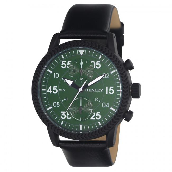 Henley Henley Men's Bold Textured sports Green Dial With Black Leather Strap Watch H02212.11