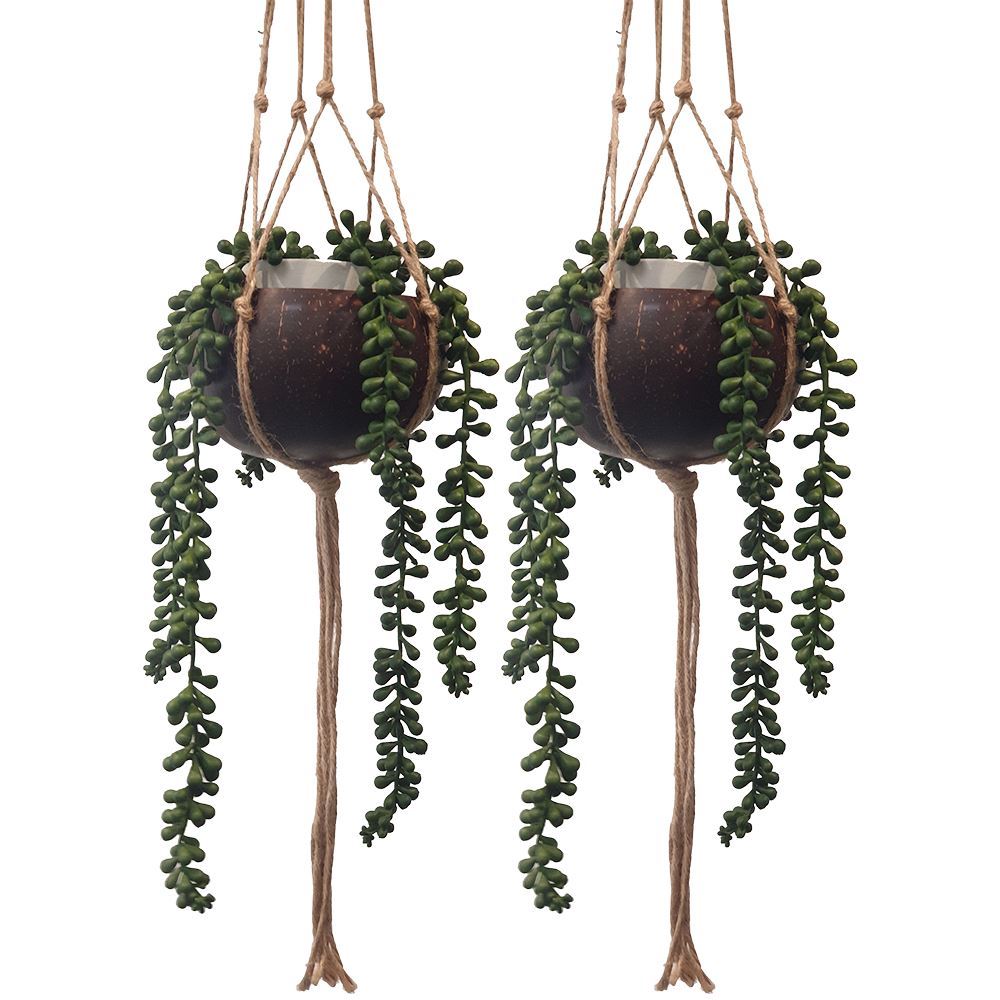VIE Vie Naturals Pair of Coconut Shell Pot Holders with Sturdy Jute Macrame Style Hanging Rope