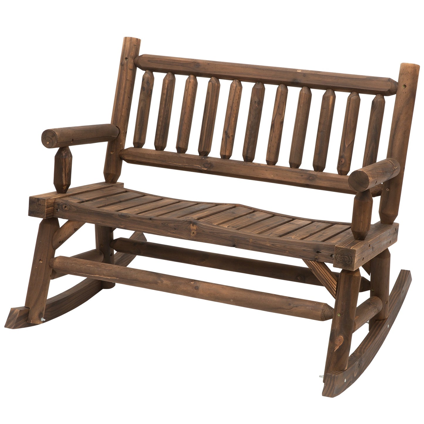 Outsunny 2-Seater Rocking Bench Wood Frame Curved Dark Stain Brown Carbonized Color 112cmx67cmx93cm
