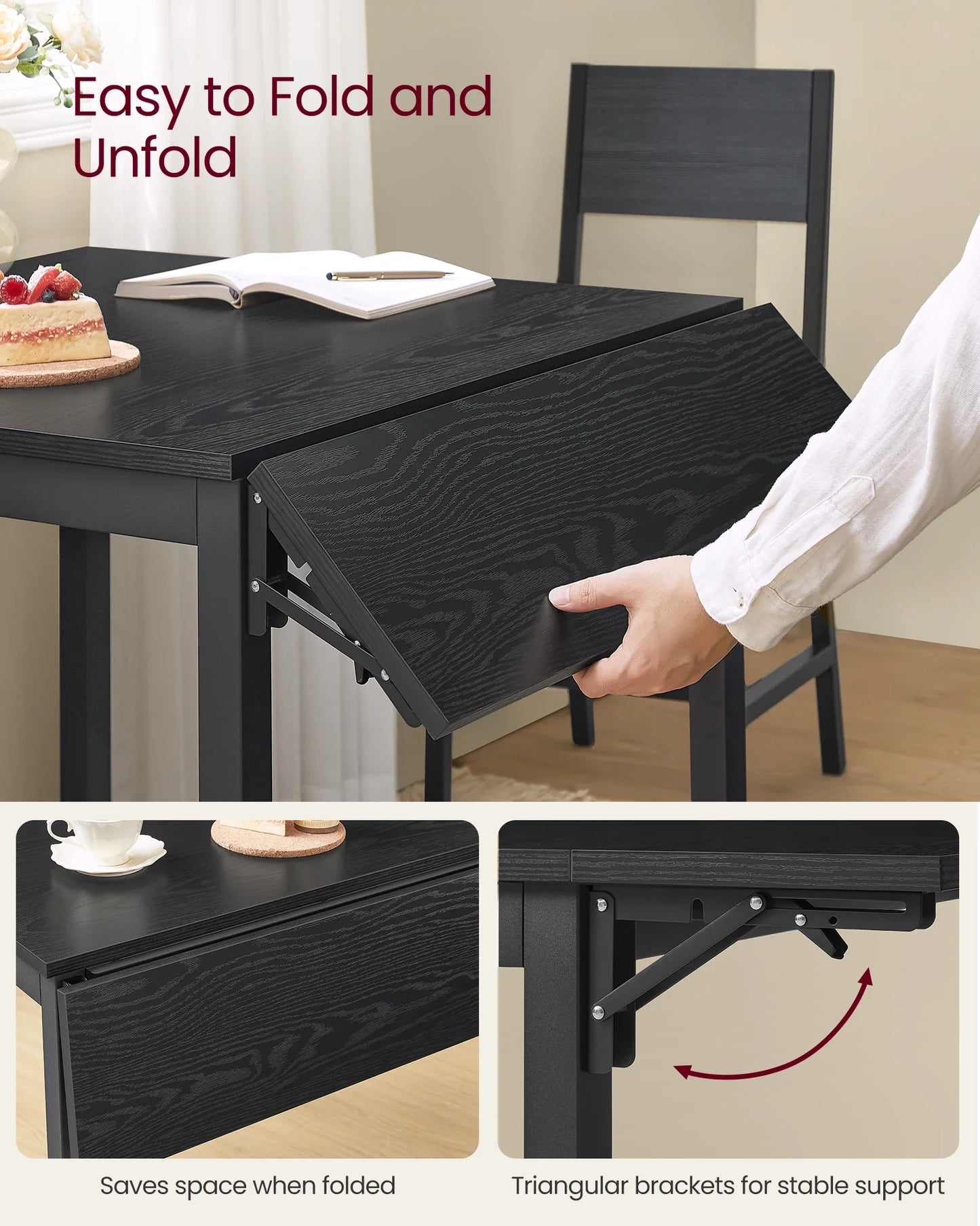 VASAGLE Folding Dining Table, Drop Leaf Extendable, for Small Spaces, Seats 2-4 People, Industrial, 78 x 120 x 76.2 cm