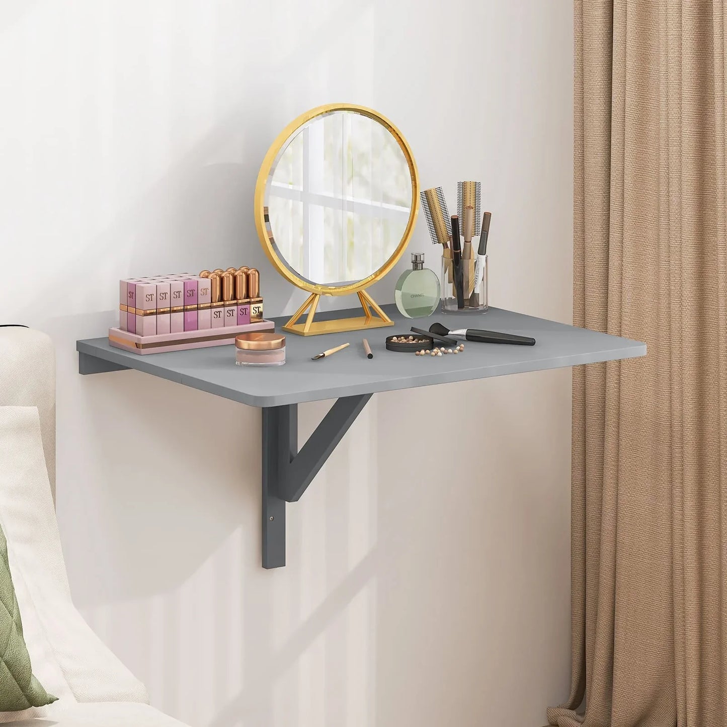 GOFLAME Wall Mounted Folding Table 80x60cm Drop-Leaf Floating Writing Desk-Grey