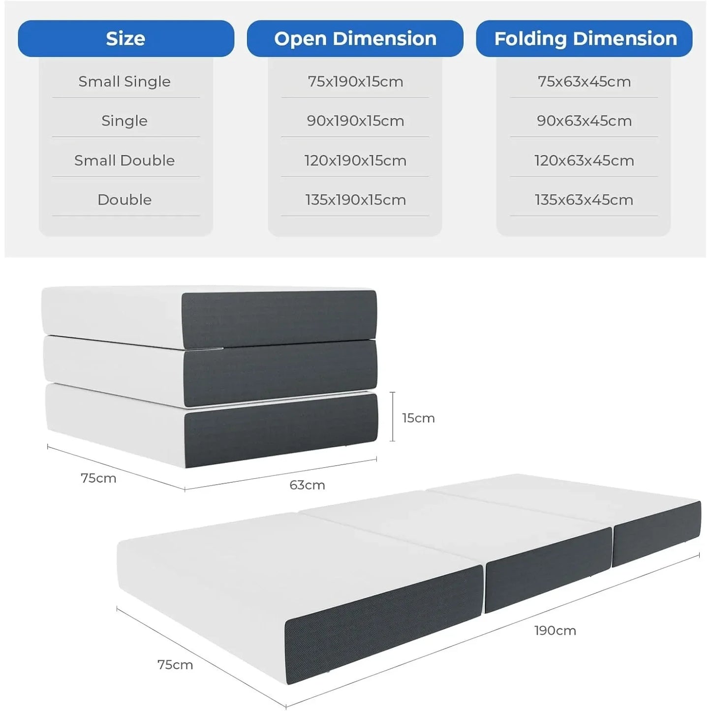 Folding Mattress with Storage Bag, 15CM Gel Memory Foam Foldable Mattress Tri-fold for Travel, Camping, Guest Bed