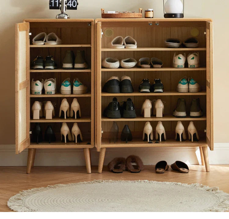 Japanese-Style Solid Wood Double-Door Rattan Shoe Cabinet Imported Oak Simple Modern Bedroom Storage Hall Entrance Cabinet
