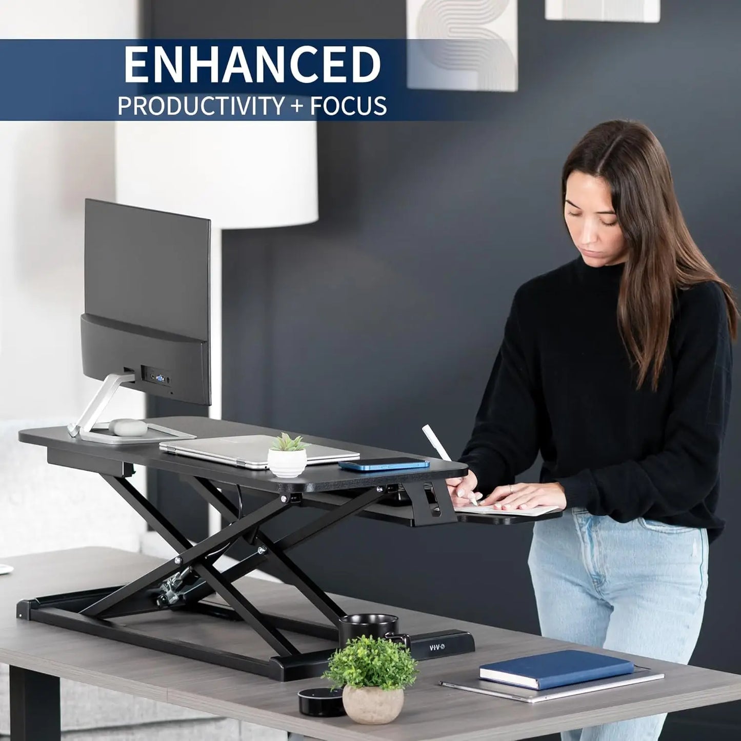 81 cm Desk Converter, Height Adjustable Riser, Sit to Stand Dual Monitor and Laptop Workstation with Wide Keyboard Tray