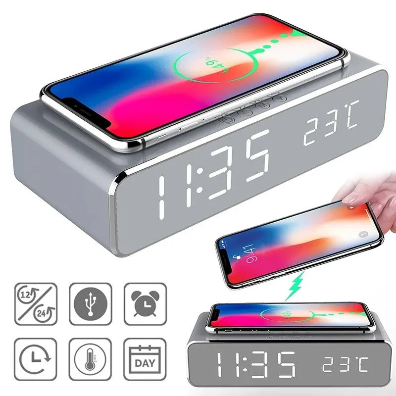Wireless Charger Time Alarm Clock LED Digital Thermometer