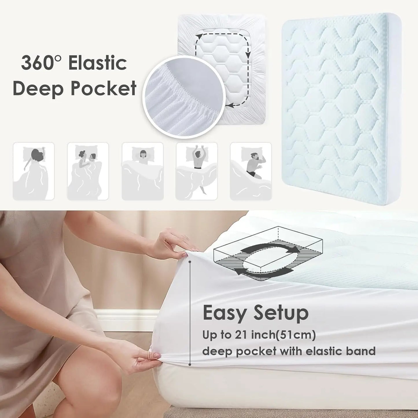 Memory Foam Mattress Topper Double Bed, Gel Mattress Pad with Extra Deep Pocket, Breathable Mattress Cover, 135x190x3cm, White