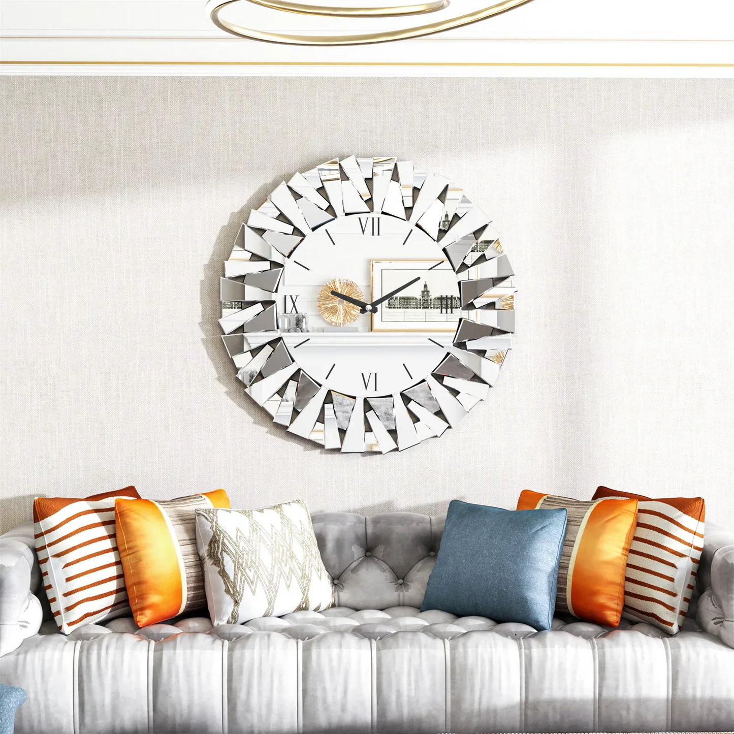 Large Round Mirrored Wall Clock, 3D Beveled Glass Edge, Fireplace Living Room Decor, 80cm