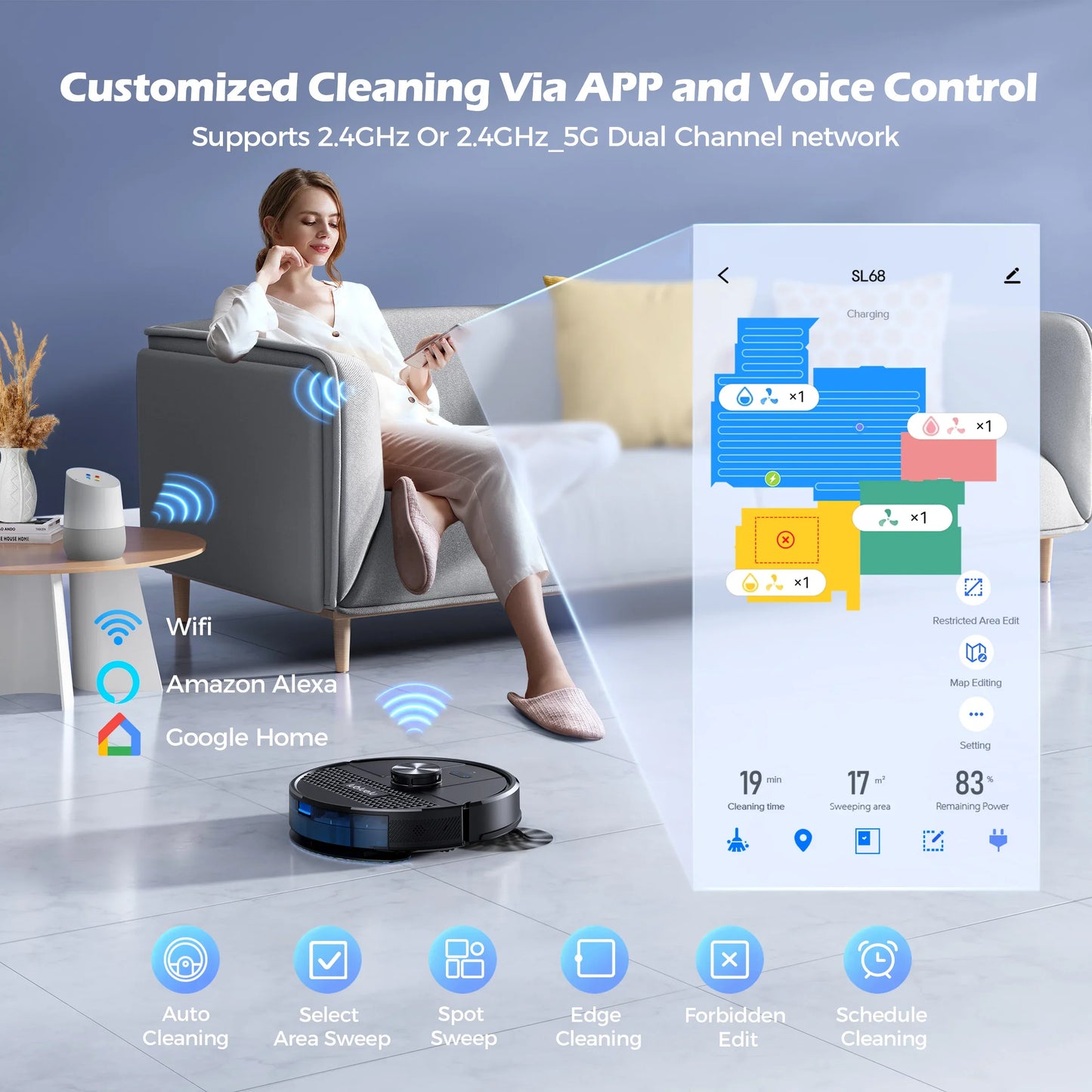 Lubluelu SL68 Robotic Vacuum Cleaner, 4500Pa Suction Power, Self-Charging, Anti-Siphon 5 Maps 24 No-Go Zones Hard Floor Cleaning