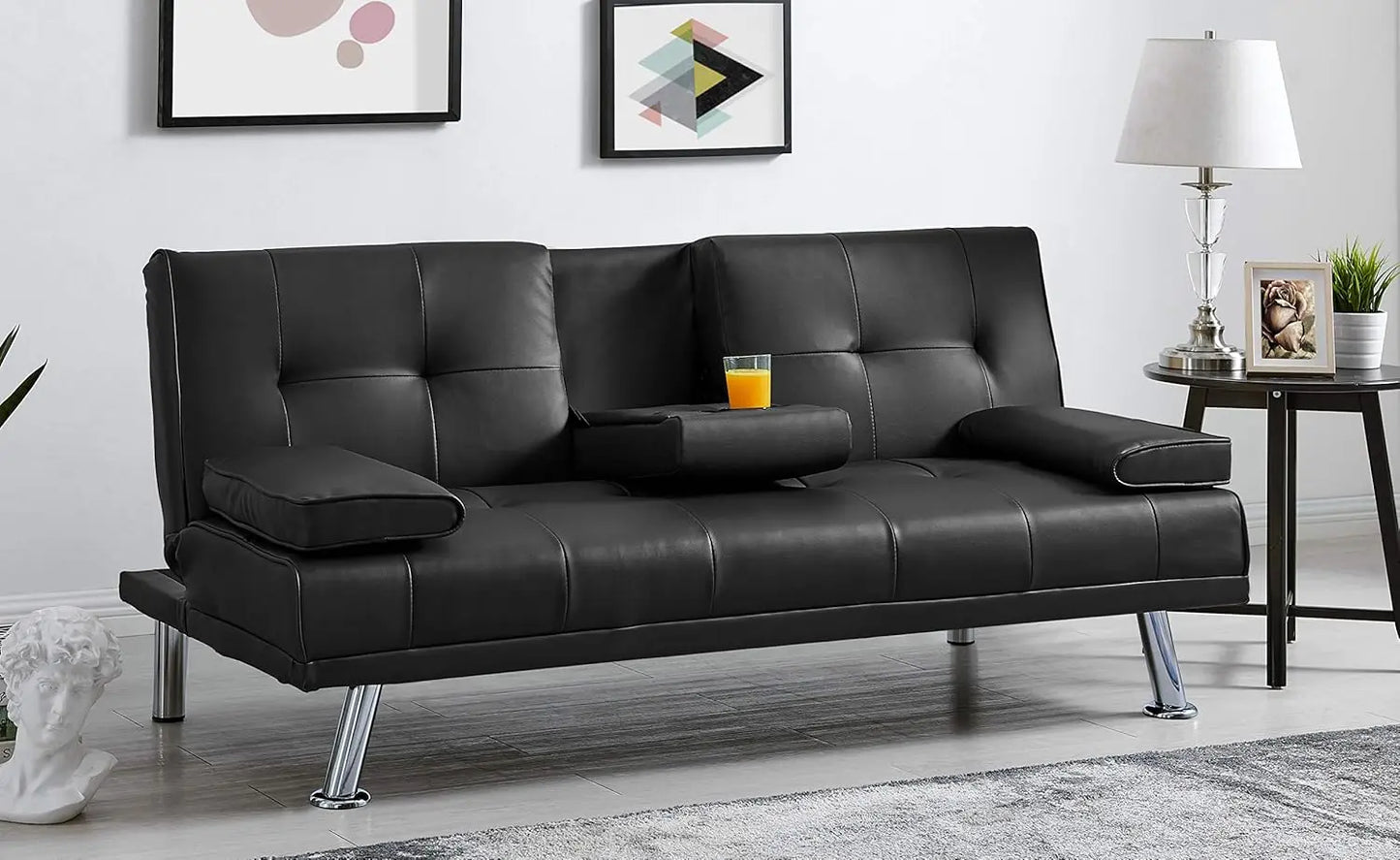 Manhattan 2 Seater Sofa Bed - Black. Faux Leather Fabric Sofa Bed With Cup Holder, Folding Sofa Bed To Double Bed. Click