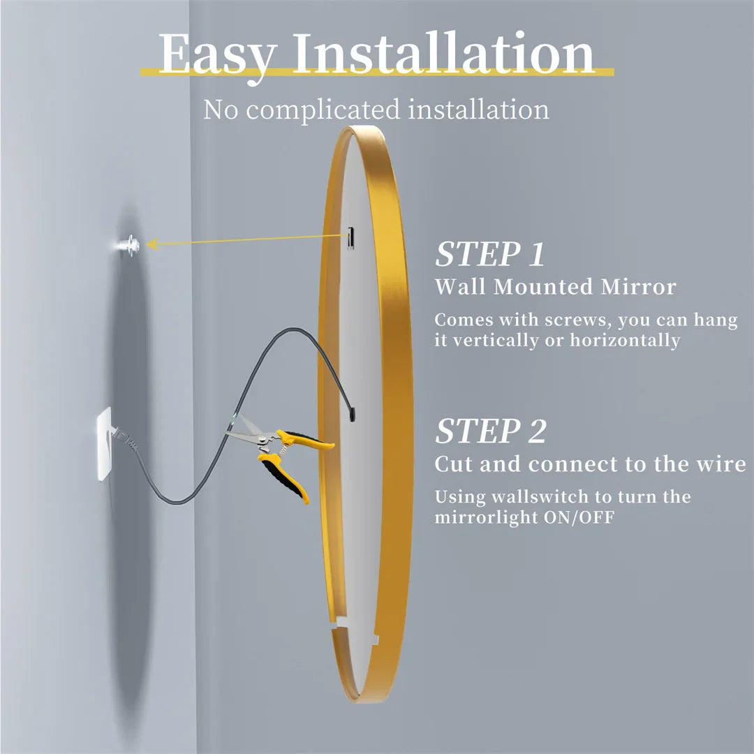 LUVODI 24 Inch Gold Frame Round Bathroom Mirror with Lights Illuminate Wall Vanity Mirror 3 Color Dimmable Anti-Fog Smart Mirror