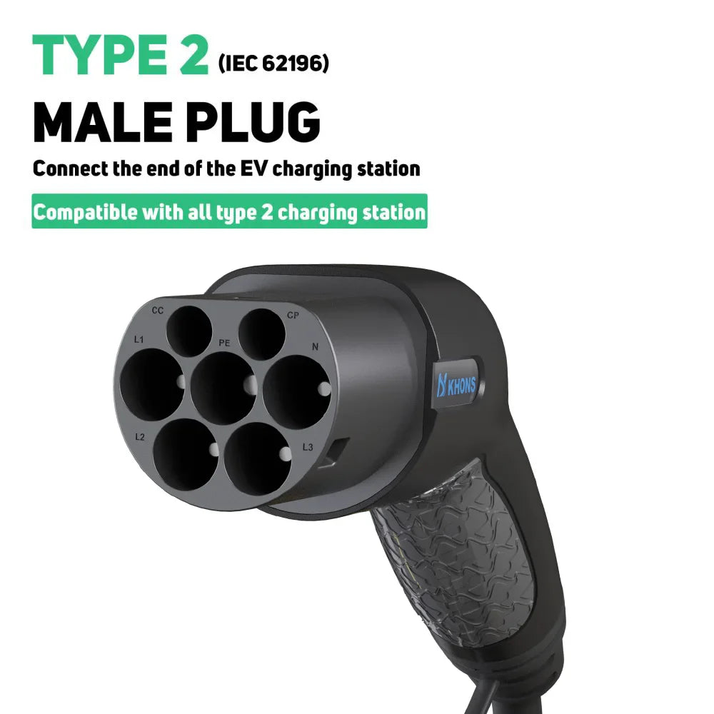 Khons Type2 To Type2 Ev Charging Cable 3Phase 32A Female To Male Plug 5M Cable 22kw IEC62196-2 EVES Charging Stations