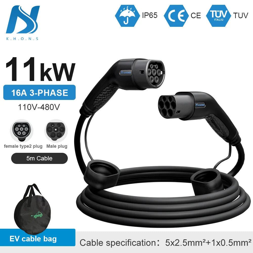 Khons Type2 To Type2 Ev Charging Cable 3Phase 32A Female To Male Plug 5M Cable 22kw IEC62196-2 EVES Charging Stations