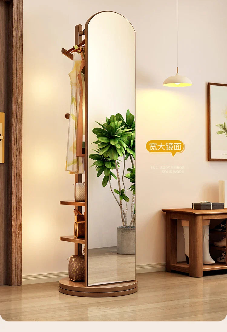 Solid wood hanger bedroom floor coat rack with mirror integrated