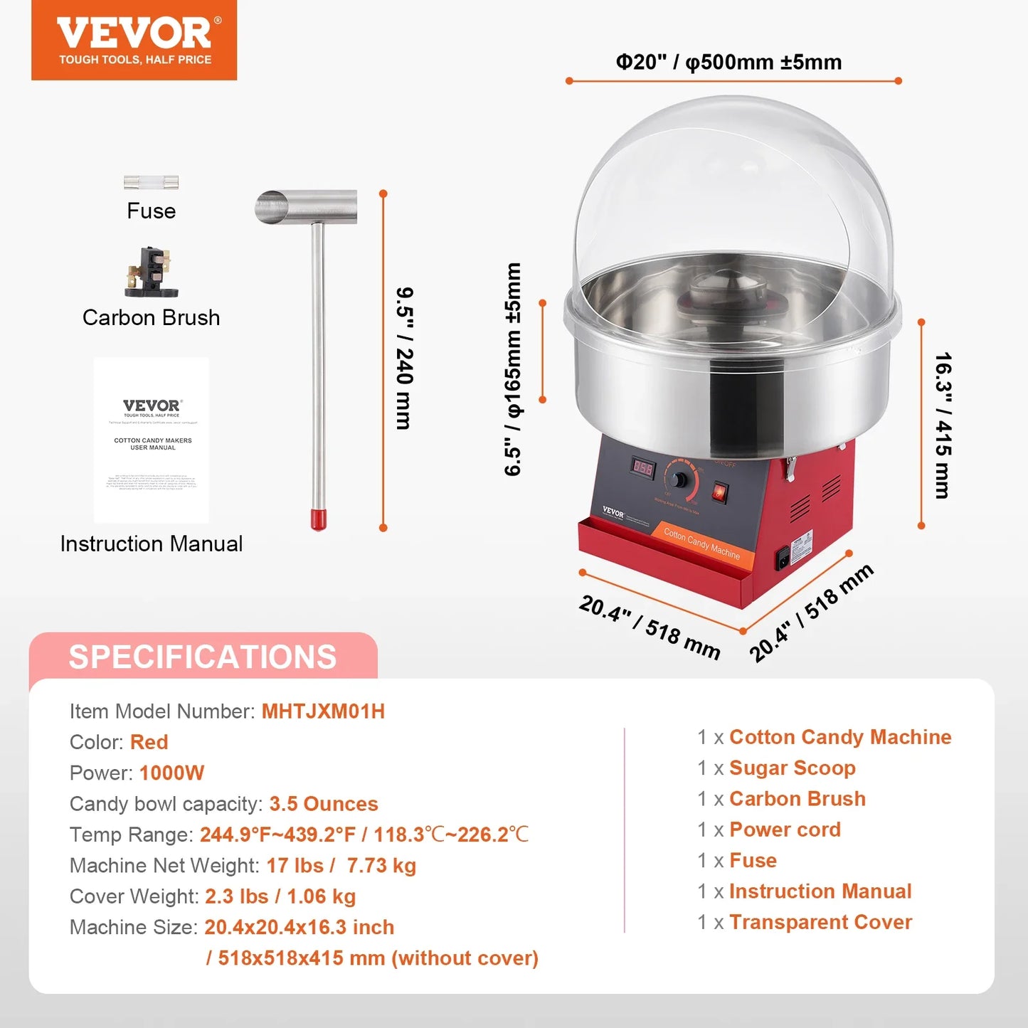 VEVOR Electric Cotton Candy Machine 1000W Candy Floss Maker Commercial Cotton Candy Machine Stainless Steel Bowl and Sugar Scoop