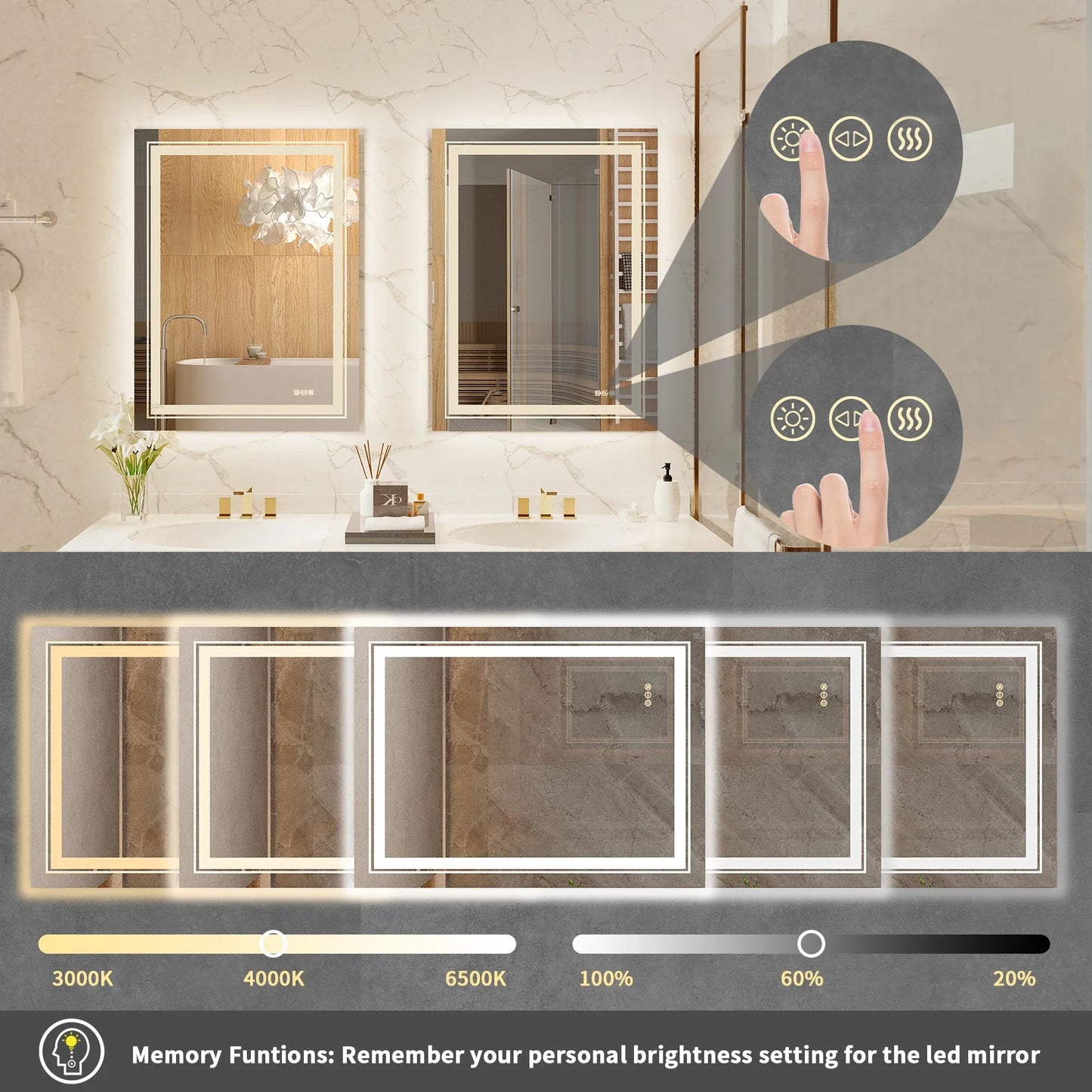 LED Illuminated Bathroom Wall Mirror with Demister Pad, Touch Sensor, Anti-Fog Makeup, Vanity Mirror, Front and Backlit Lights