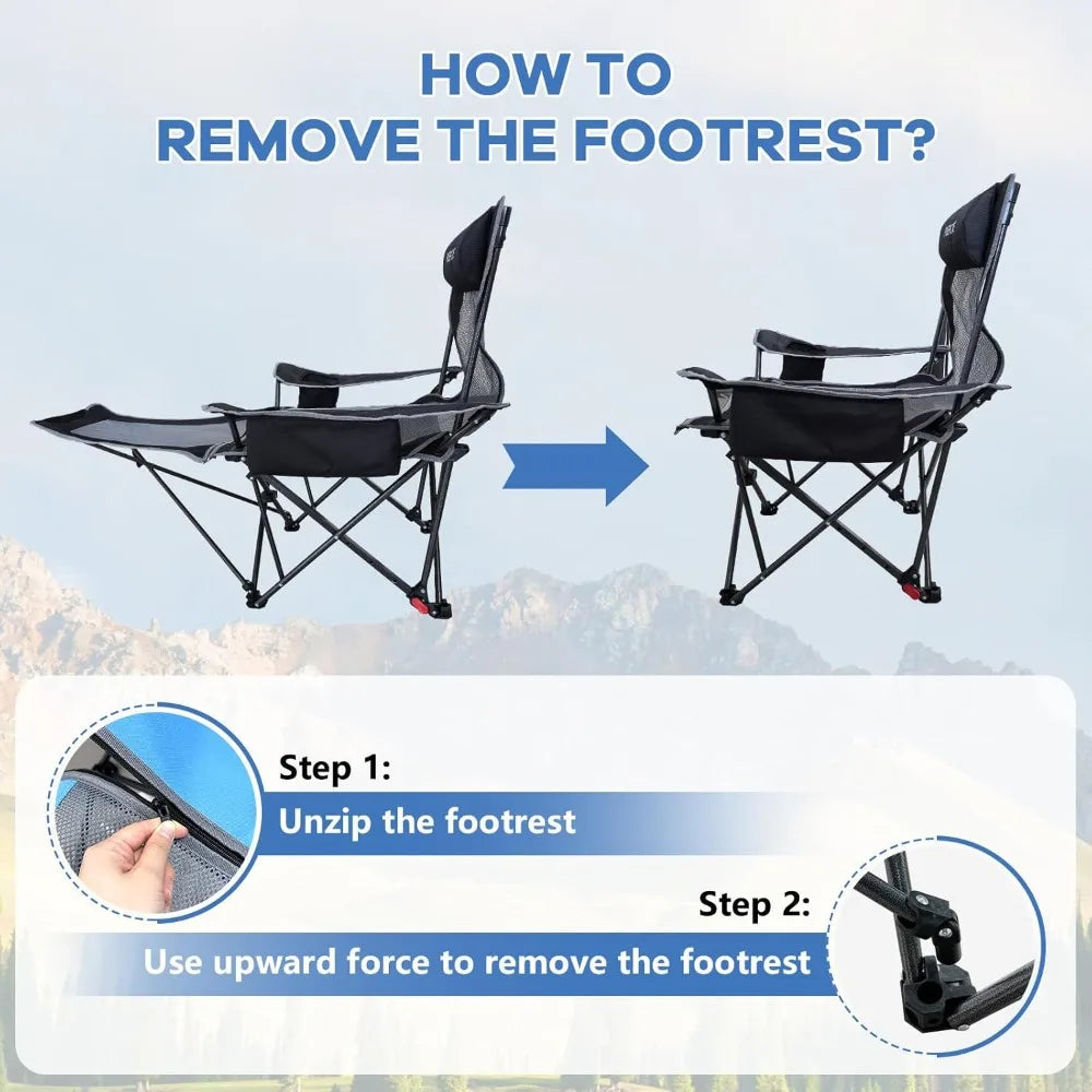 Set of 2 Reclining Camping Chair 4 Adjustments with Foot Rest Comfortable for Adults 120kg Folding Recliner Beach Chair