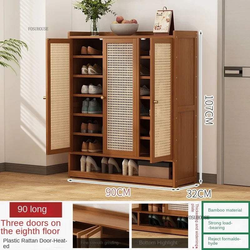 Japanese Bamboo Shoe Rack Indoor Multi-layer Dustproof Shoe Organizers Furniture Imitation Rattan Weave Cabinets for Living Room