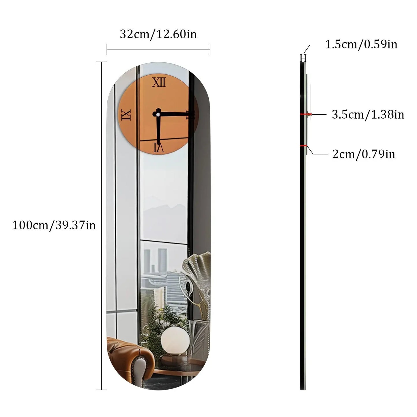 Long Oblong Brown Tinted Wall Clock with Silver Mirrored Modern Decorative Clock Roman Numerals for Living Room