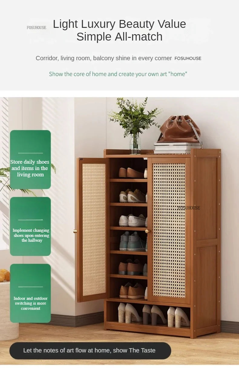 Japanese Bamboo Shoe Rack Indoor Multi-layer Dustproof Shoe Organizers Furniture Imitation Rattan Weave Cabinets for Living Room