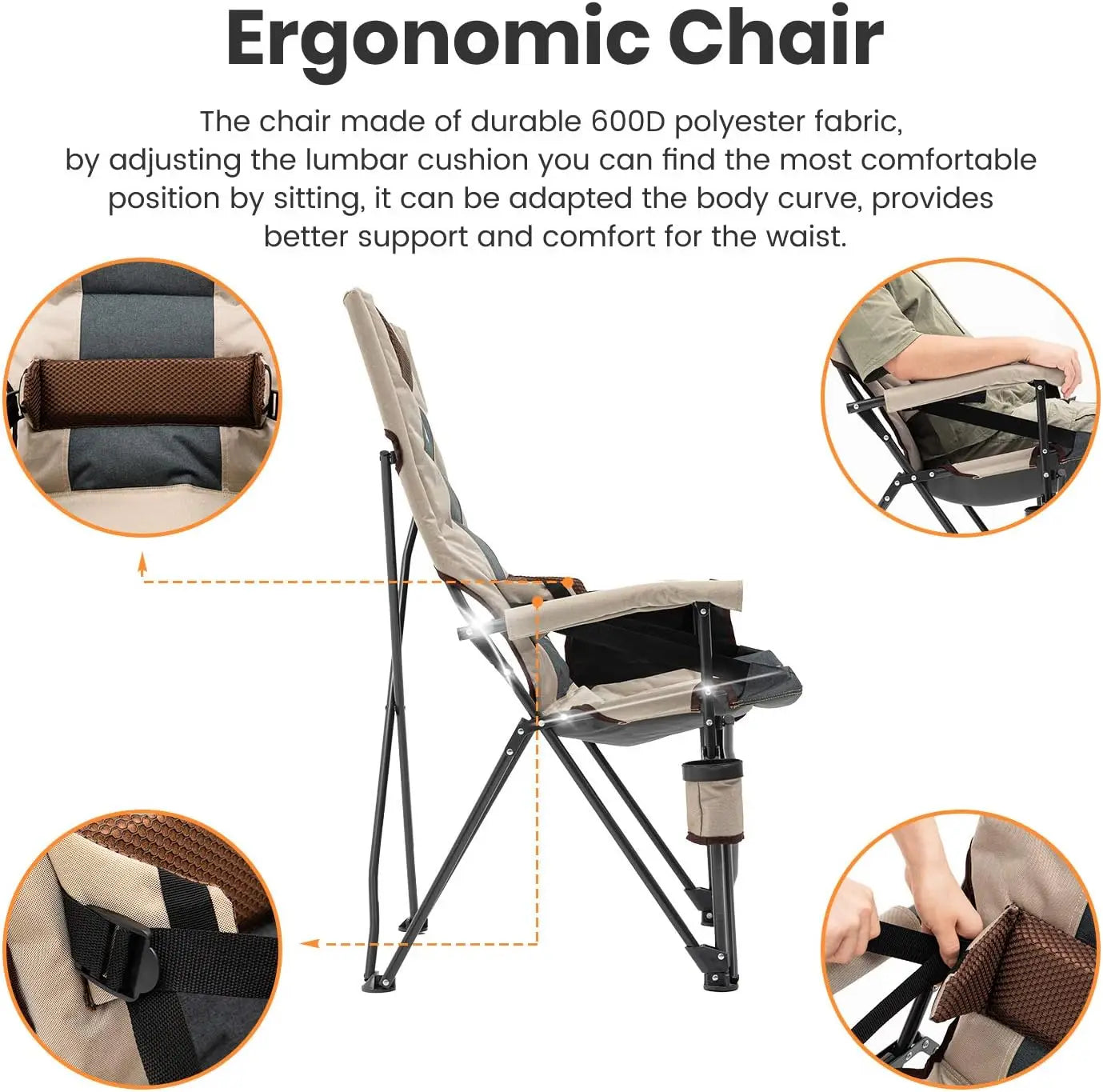 Adjustable Oversized Camping Chair High Luxury Upholstered Seat with Lumbar Back Support 400 Lb High Back Camping Chair