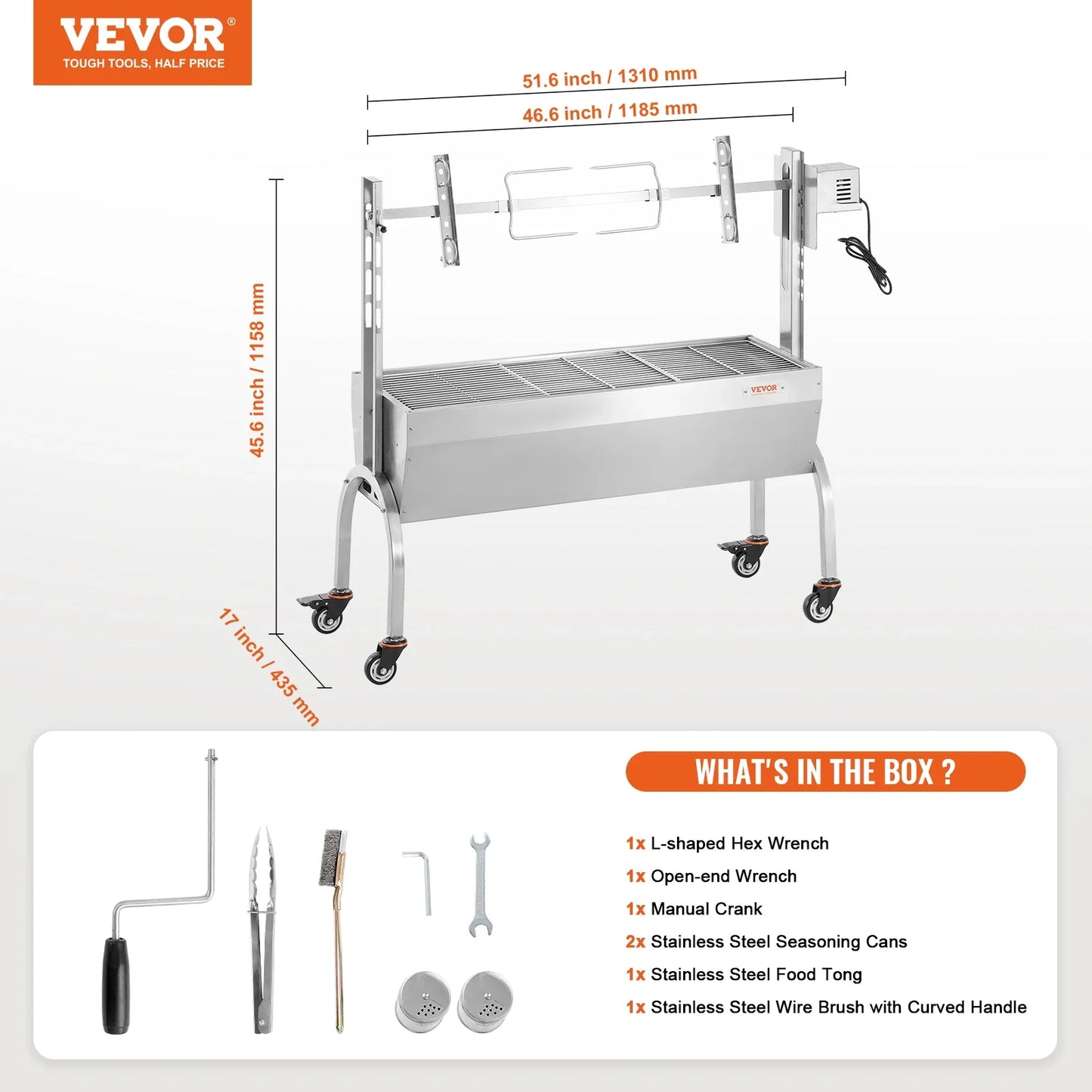 VEVOR 46inch Rotisserie Grill with Windscreen Charcoal Spit Grill 132 Lbs Capacity Stainless Steel Roaster with Lockable Wheels