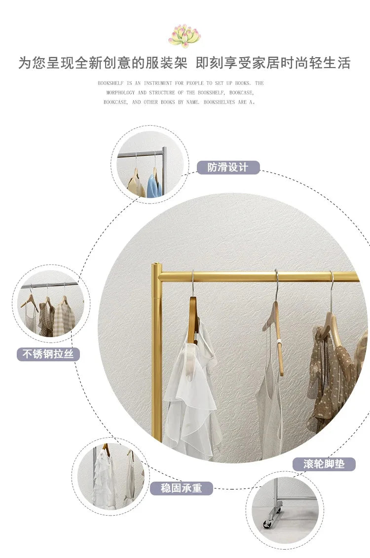 Clothes Storage Rod Stand Wheels Mobile Folding Clothes Drying Hangers Rail Golden Balcony Colgador De Ropa Bedroom Furniture