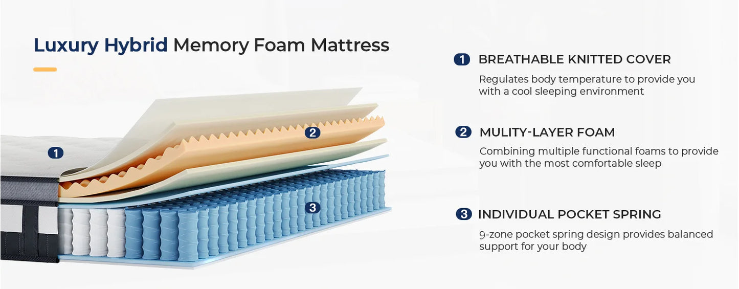 9.4 Inch Pocket Sprung Mattress with Breathable Foam and Individually Pocket Spring - Medium, Luxury Box Top Collection