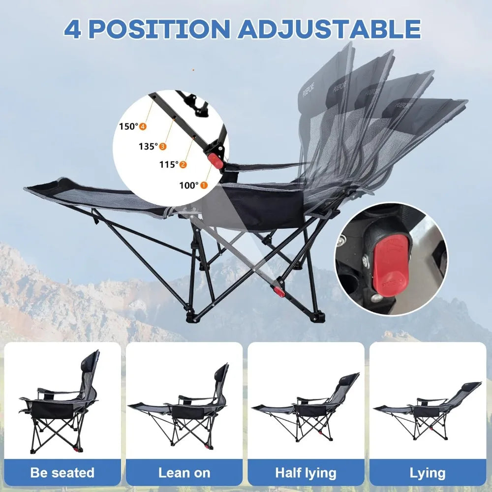 Set of 2 Reclining Camping Chair 4 Adjustments with Foot Rest Comfortable for Adults 120kg Folding Recliner Beach Chair