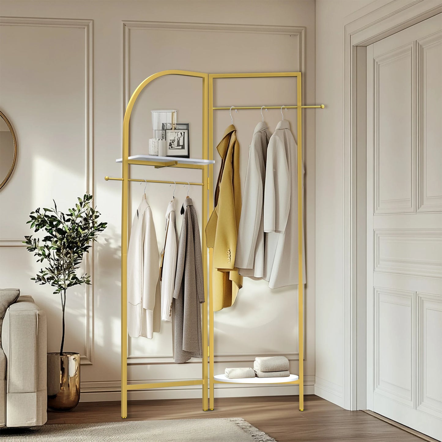 Adjustable Angle Gold Metal Coat Rack with Shelves and Hanging Rod Corner Clothes Stand for Home Clothes Organization