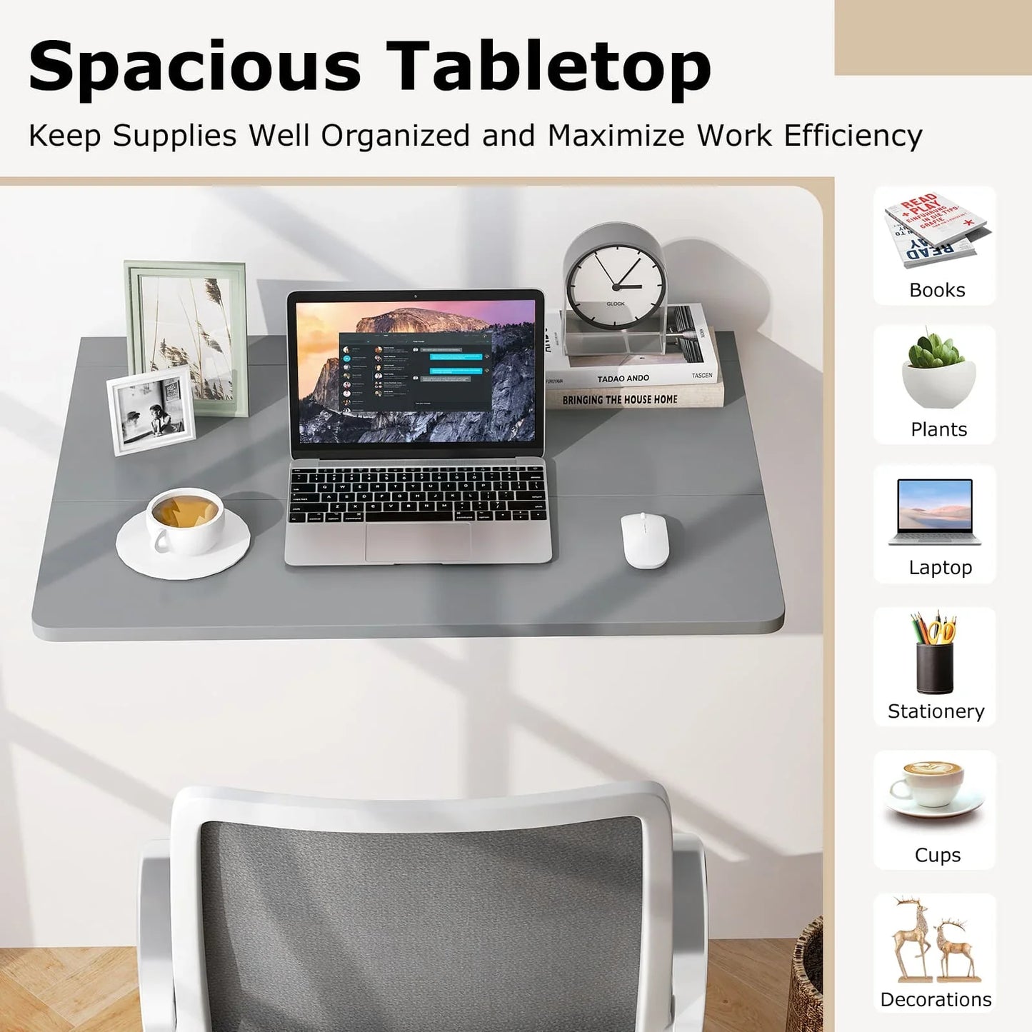 GOFLAME Wall Mounted Folding Table 80x60cm Drop-Leaf Floating Writing Desk-Grey