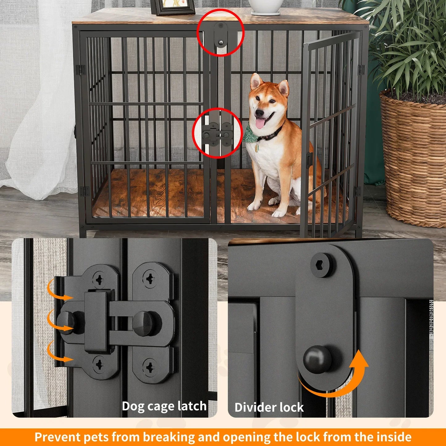 Heavy Duty Dog House End Table Furniture with Four Doors and Lock Latches Divider, Metal Pet Kennel Cage Crate